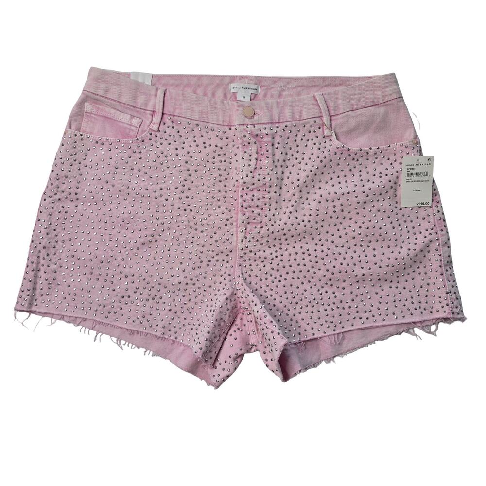 Good American Good Girlfriend Shorts Women 15 Plus Pink Rhinestone‎ Denim NWT